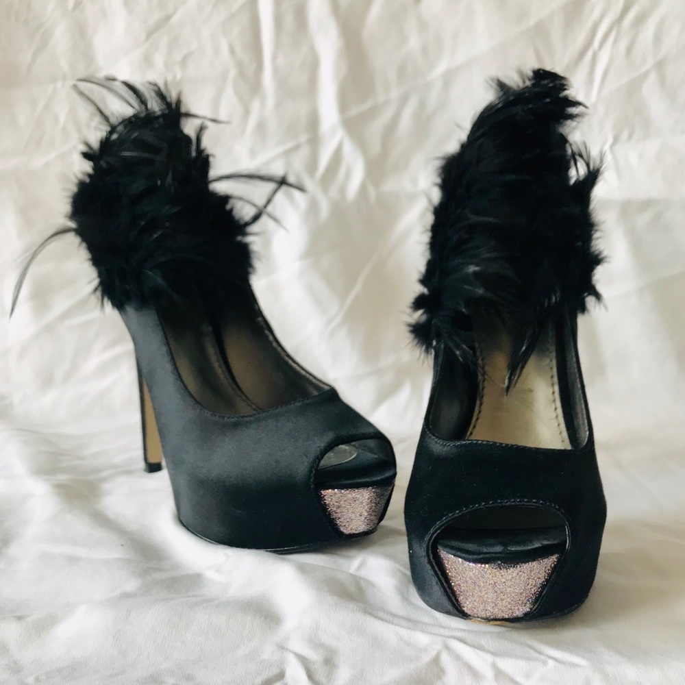 Enzo Angiolini black satin & feather heels